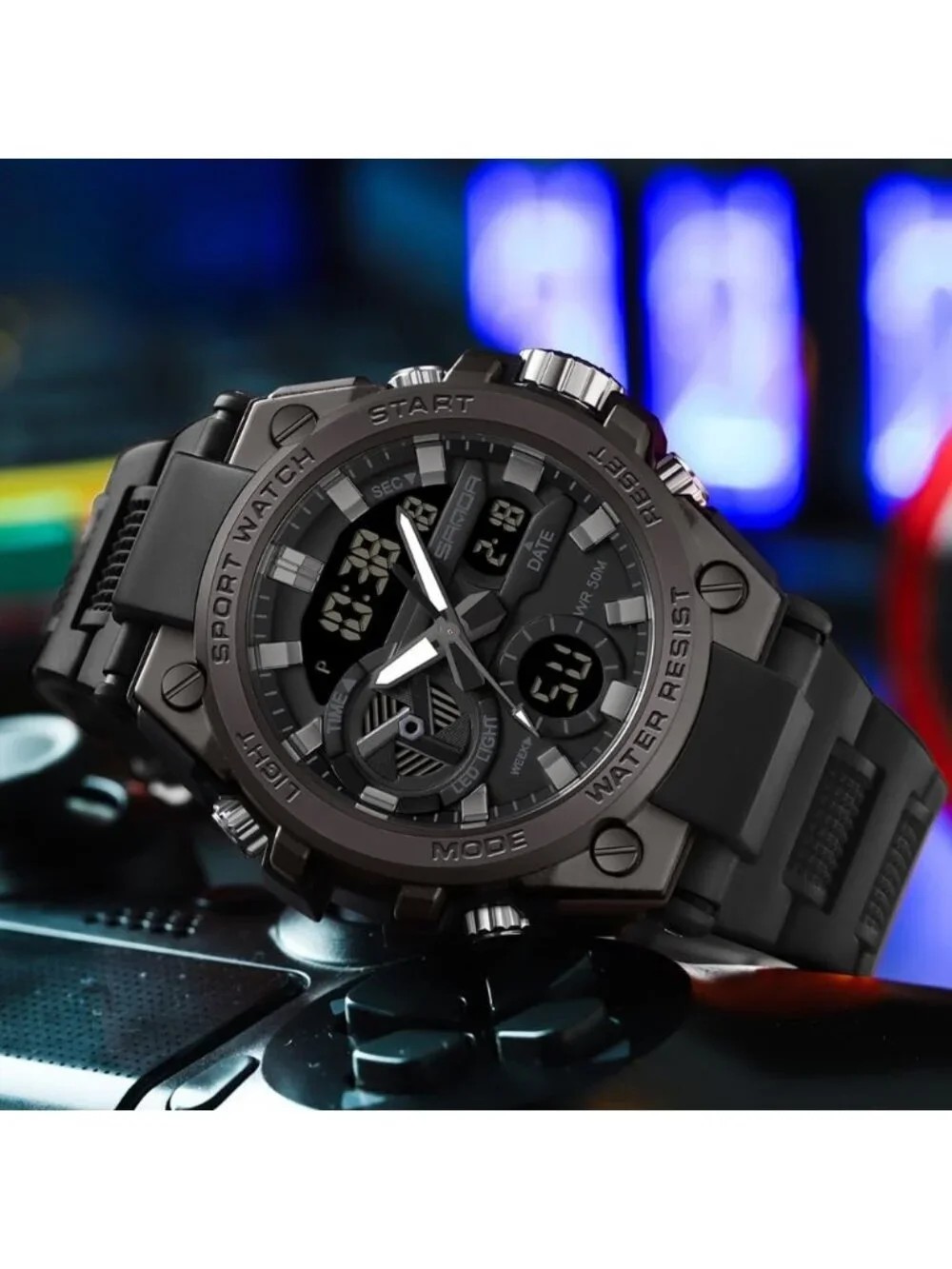 Men's All Black Analog Quartz Sports Waterproof Military Tactical Digital Watch